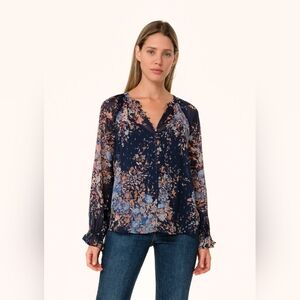 EUC Love Stitch Elsie Semi Sheer Long Sleeve Blouse in Navy & Metallic Gold